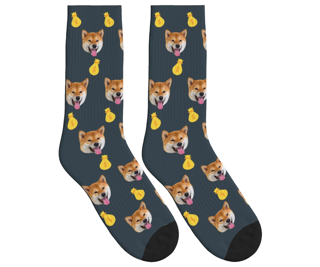 Money Bags & Dog Face Socks in Charcoal Gray — personalized dog photo design