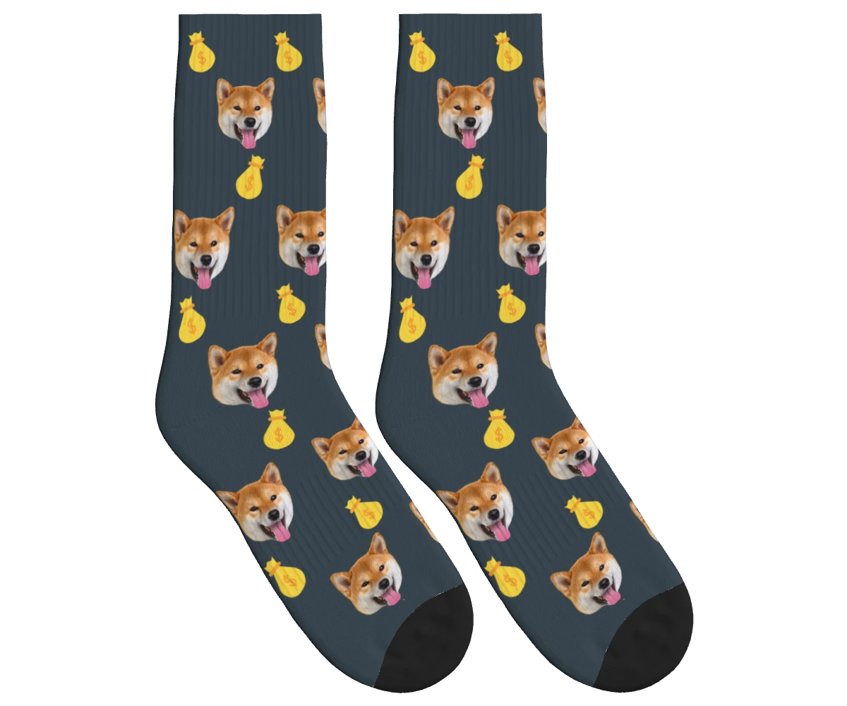 Money Bags & Dog Face Socks in Charcoal Gray — personalized dog photo design