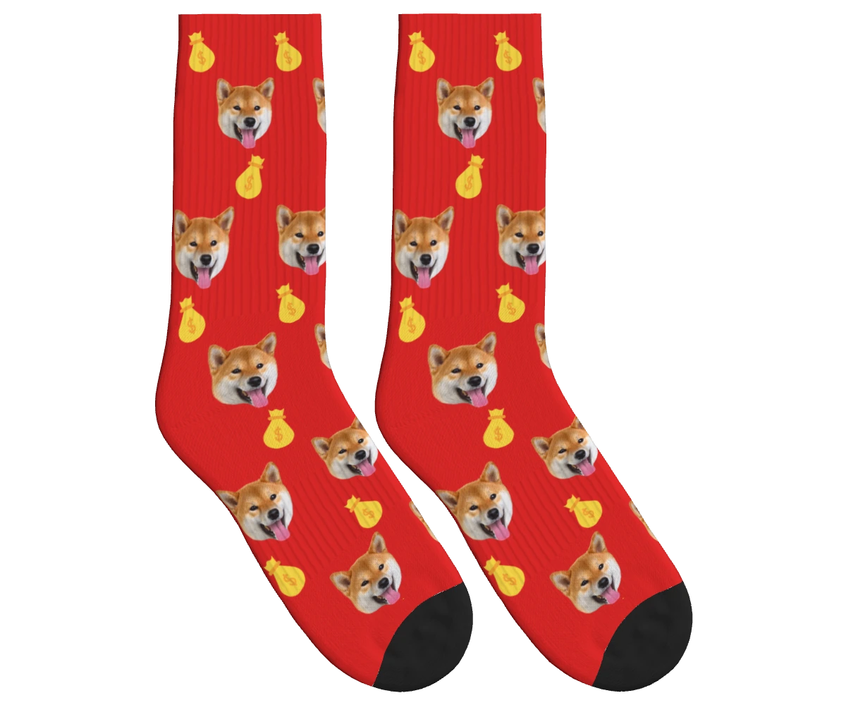 Money Bags & Dog Face Socks in Red — personalized dog photo design