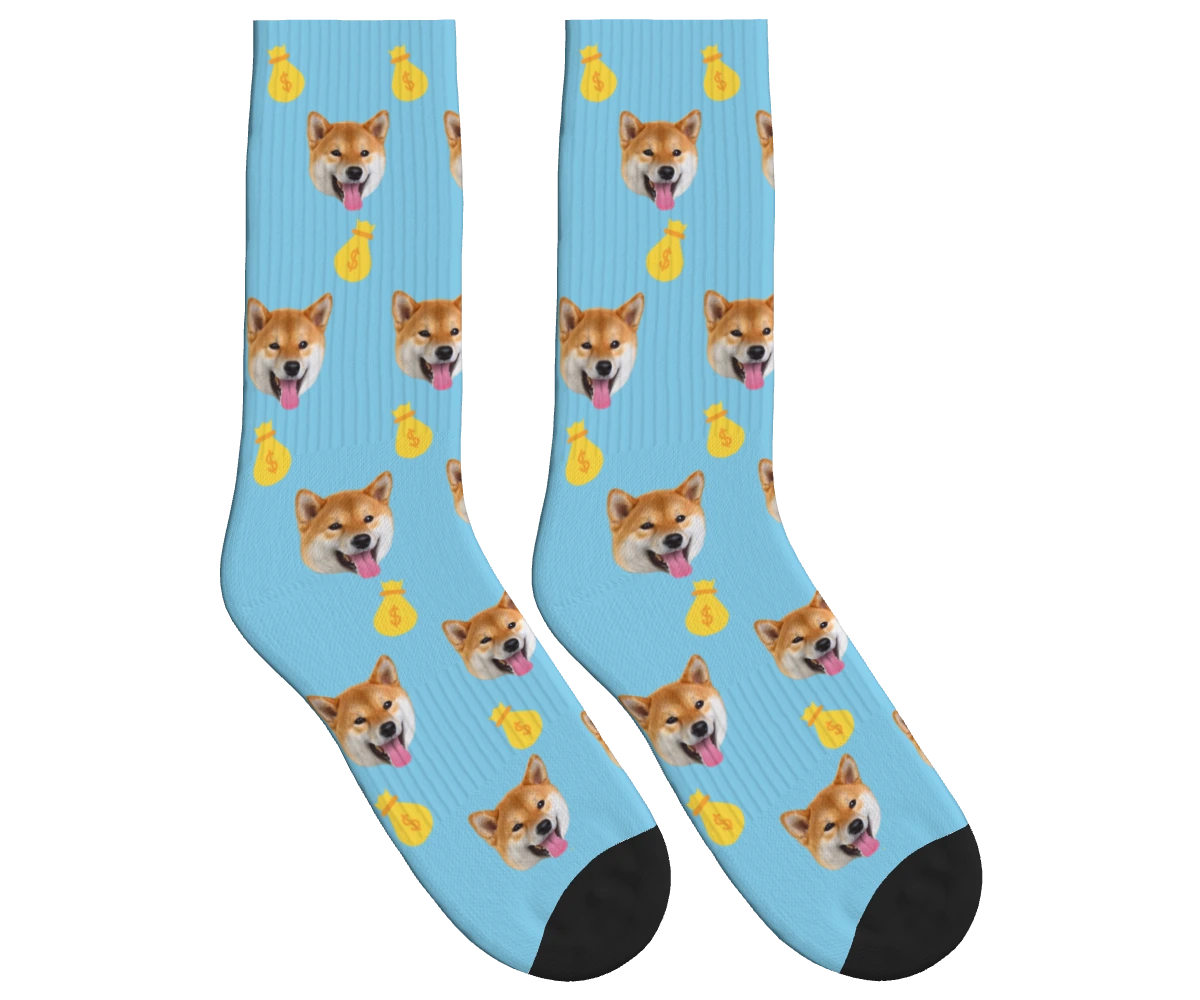 Money Bags & Dog Face Socks in Sky Blue — personalized dog photo design