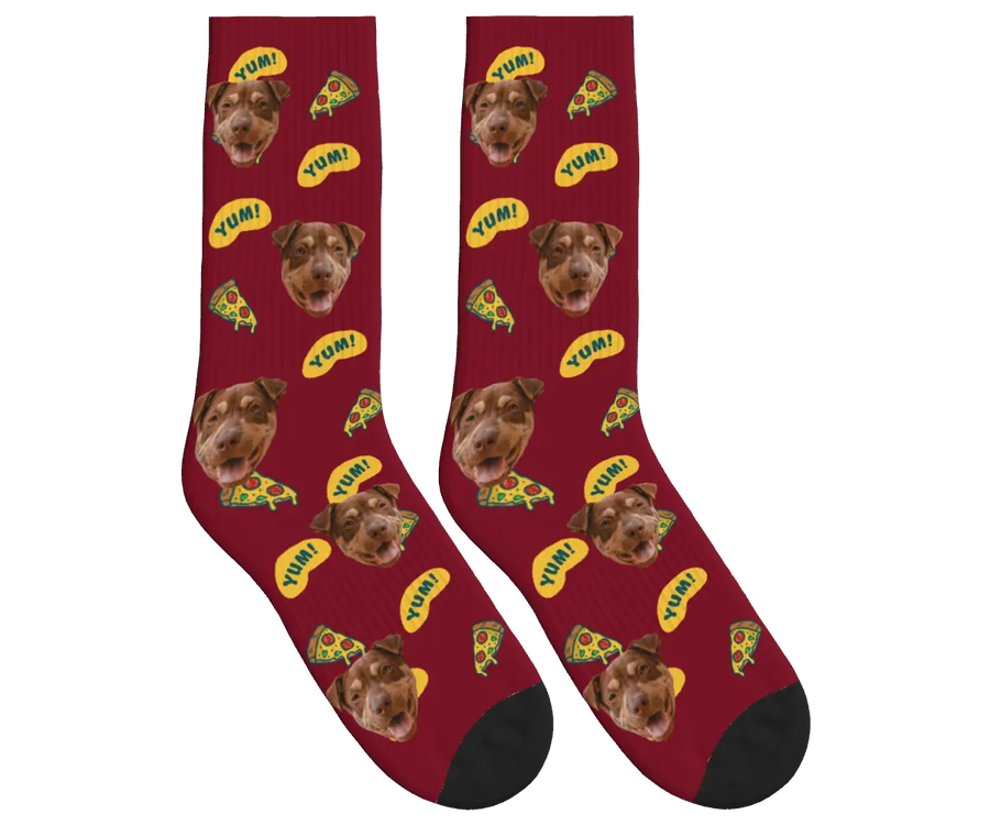 Dog Face & Pizza Socks with YUM! Speech Bubbles - Burgundy / Crew Socks