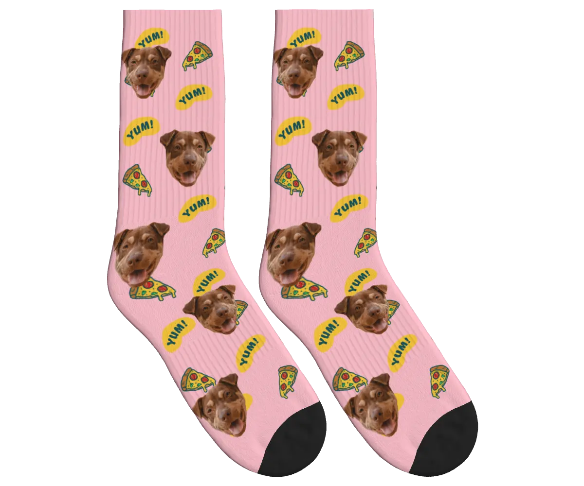 Dog Face & Pizza Socks with YUM! Speech Bubbles - Pink / Crew Socks