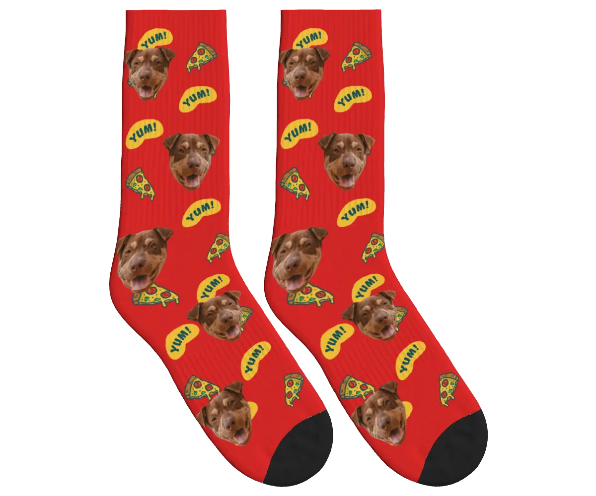 Dog Face & Pizza Socks with YUM! Speech Bubbles - Red / Crew Socks