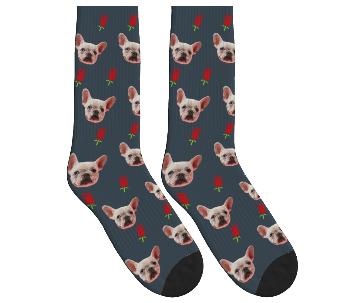 Roses & Dog Face Socks in Charcoal Gray — personalized dog photo design
