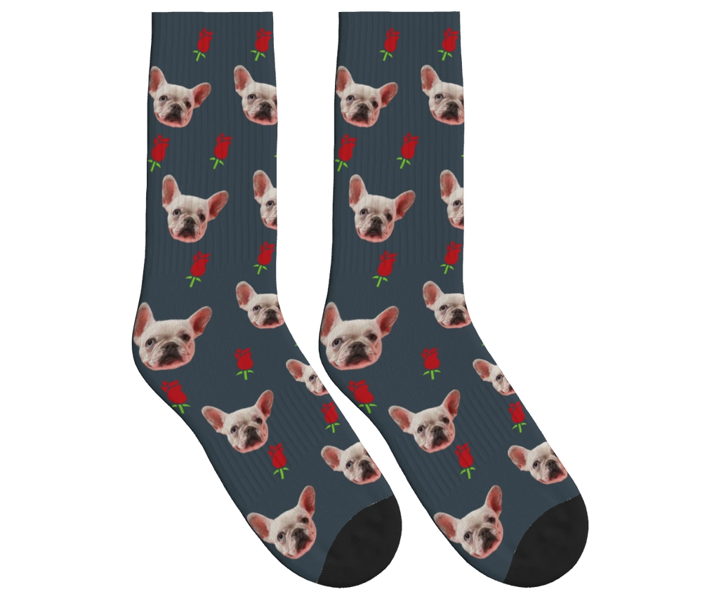 Roses & Dog Face Socks in Charcoal Gray — personalized dog photo design