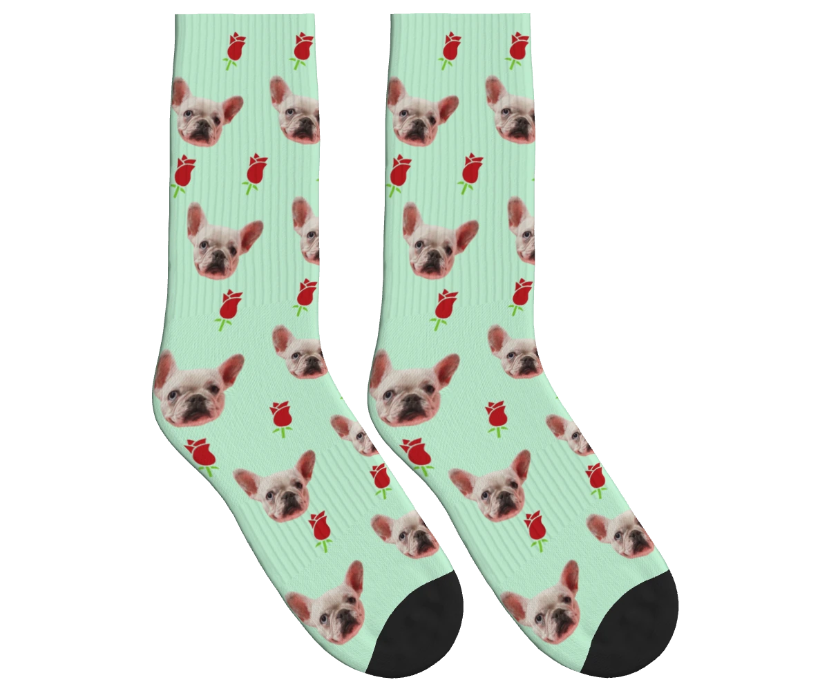 Roses & Dog Face Socks in Mint Green — personalized dog photo design