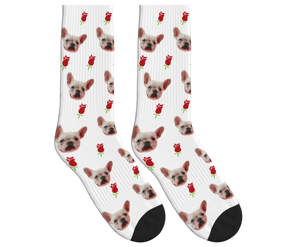 Roses & Dog Face Socks in White — personalized dog photo design
