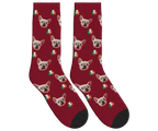 Dog Face Socks with Shamrocks in Irish Colors - Burgundy / Crew Socks