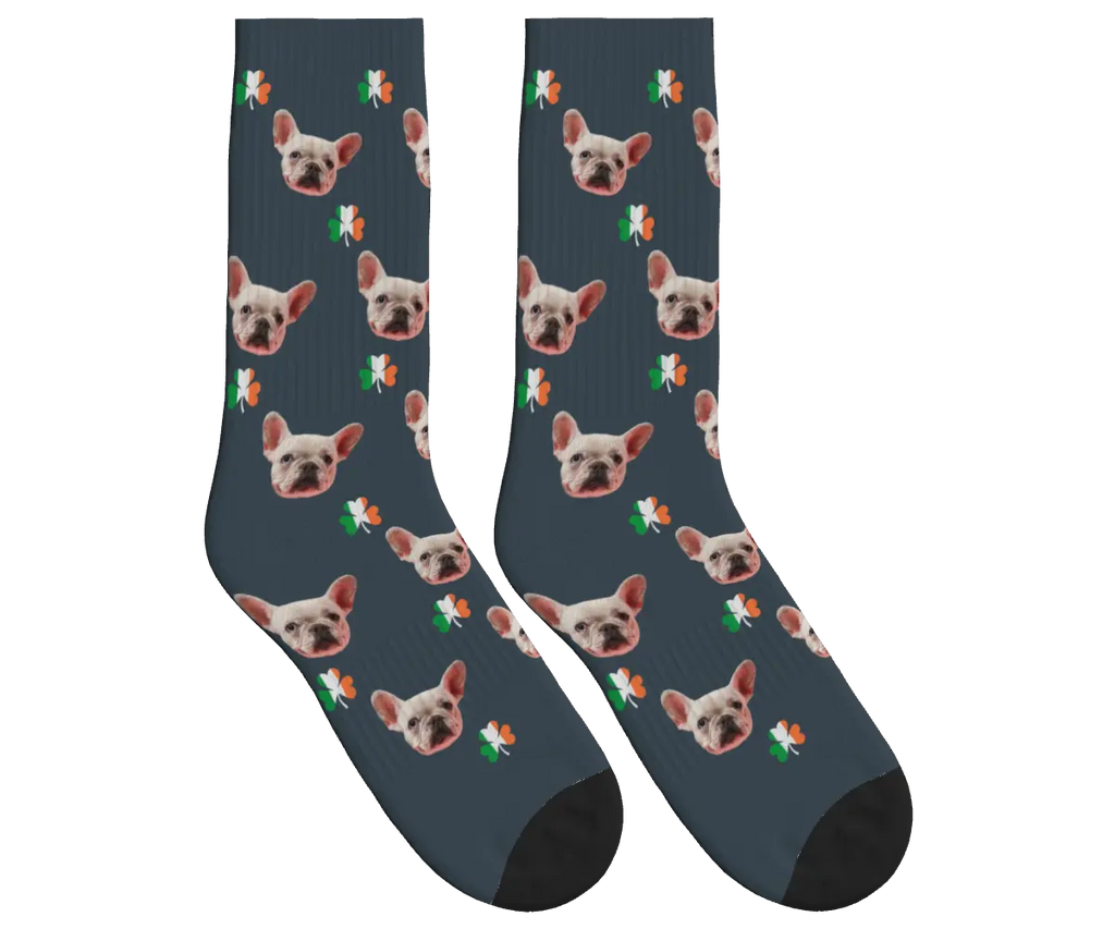 Dog Face Socks with Shamrocks in Irish Colors - Charcoal Gray / Crew Socks
