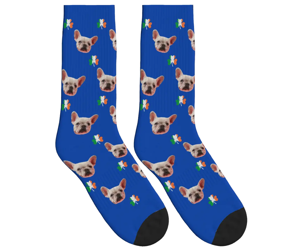 Dog Face Socks with Shamrocks in Irish Colors - Cobalt Blue / Crew Socks