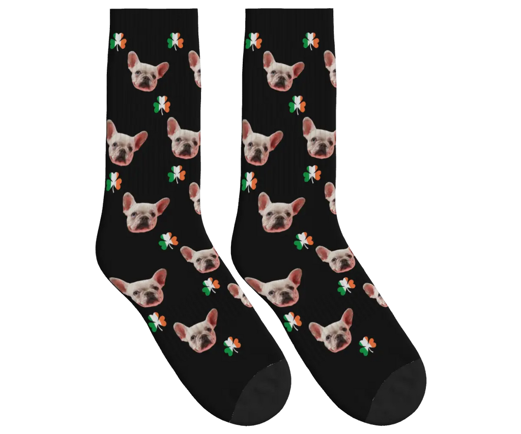 Dog Face Socks with Shamrocks in Irish Colors - Black / Crew Socks