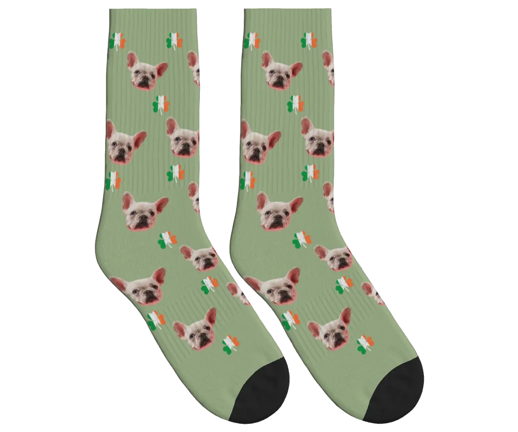 Dog Face Socks with Shamrocks in Irish Colors - Sage Green / Crew Socks
