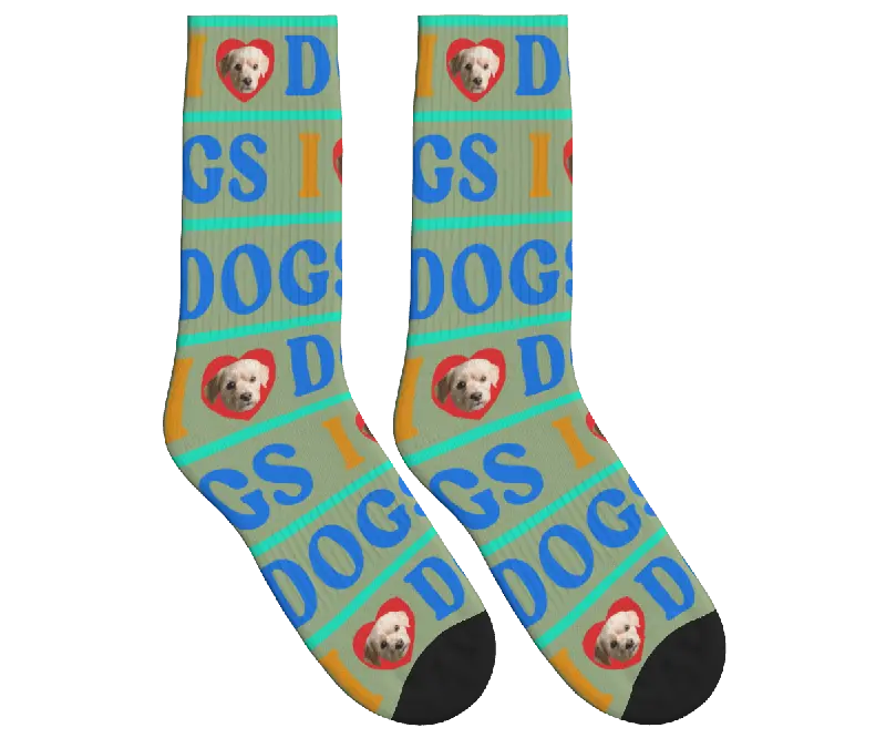 I Love Dogs Custom Photo Socks - Sage Green / Crew Socks