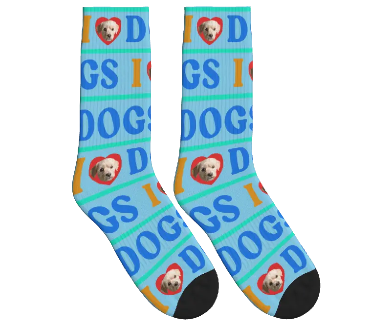 I Love Dogs Custom Photo Socks - Sky Blue / Crew Socks