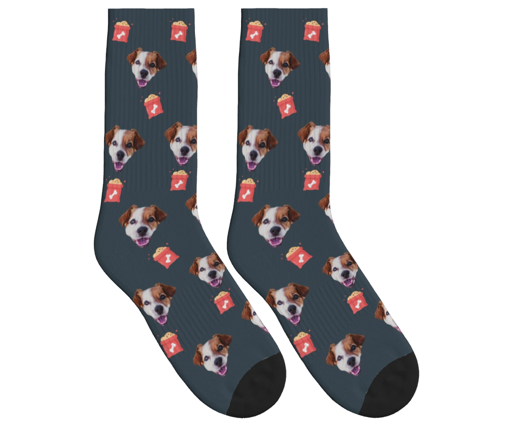 Dog Food & Pup Face Socks in Charcoal Gray — personalized dog photo design