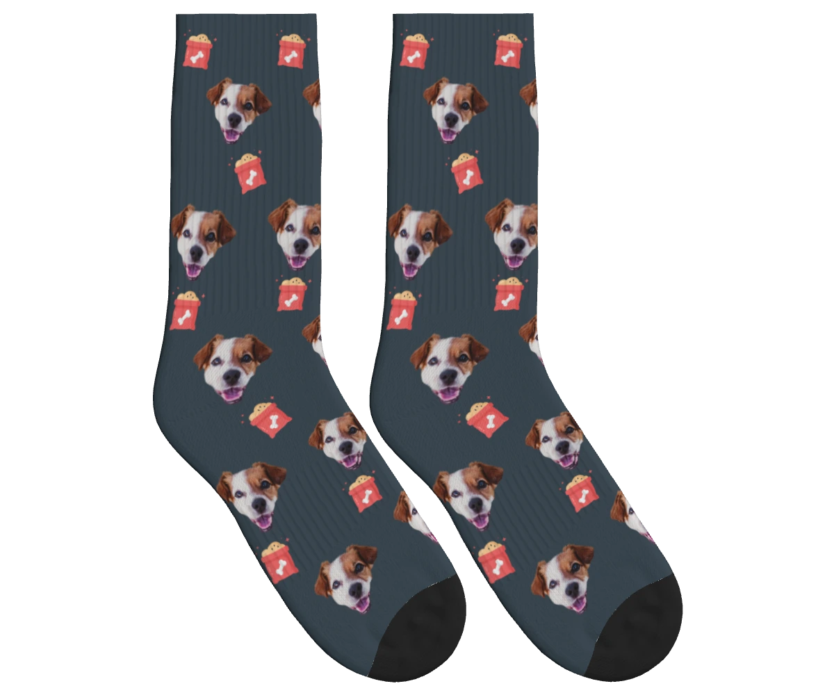 Dog Food & Pup Face Socks in Charcoal Gray — personalized dog photo design