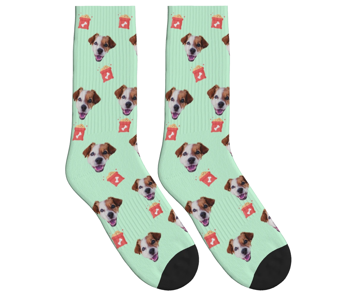 Dog Food & Pup Face Socks in Mint Green — personalized dog photo design