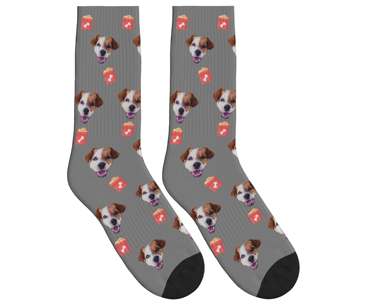 Dog Food & Pup Face Socks in Gray — personalized dog photo design