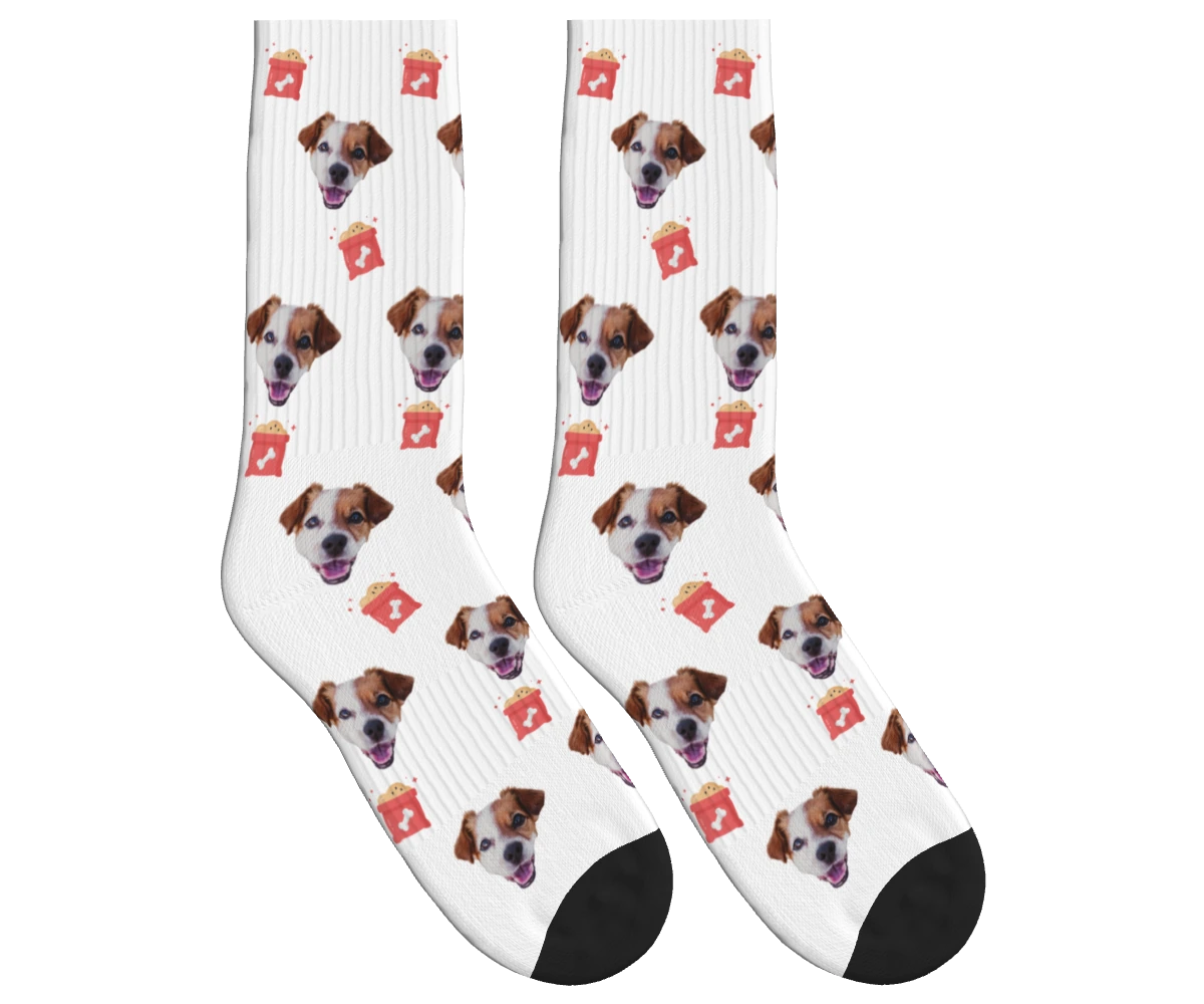 Dog Food & Pup Face Socks in White — personalized dog photo design