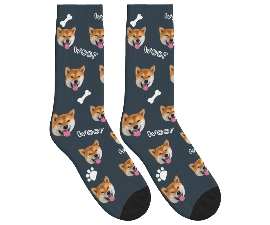 WOOF, Bones & Dog Face Socks in Charcoal Gray — personalized dog photo design