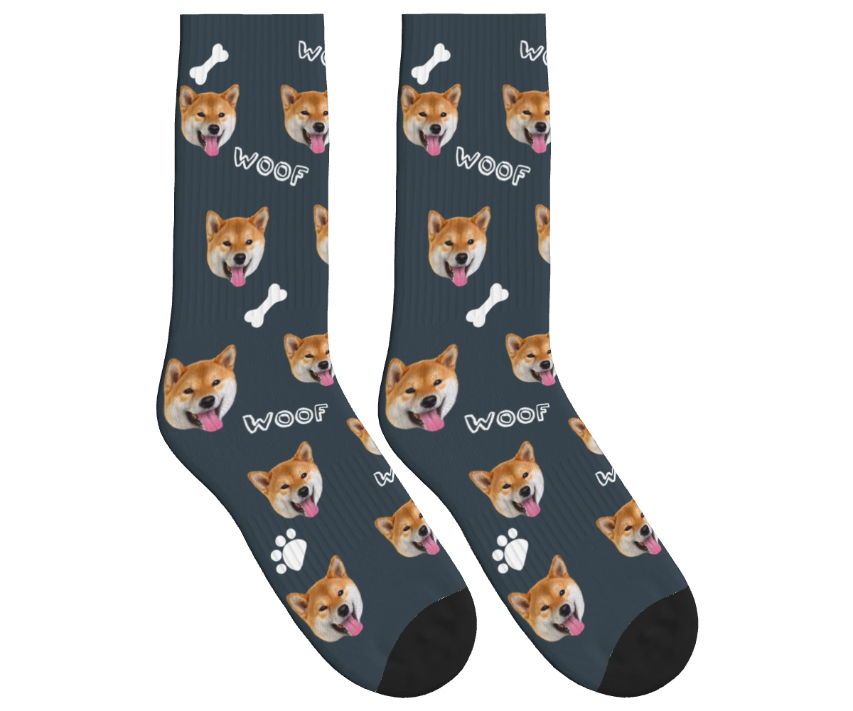 WOOF, Bones & Dog Face Socks in Charcoal Gray — personalized dog photo design