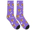 WOOF, Bones & Dog Face Socks in Purple — personalized dog photo design