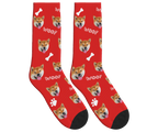 WOOF, Bones & Dog Face Socks in Red — personalized dog photo design