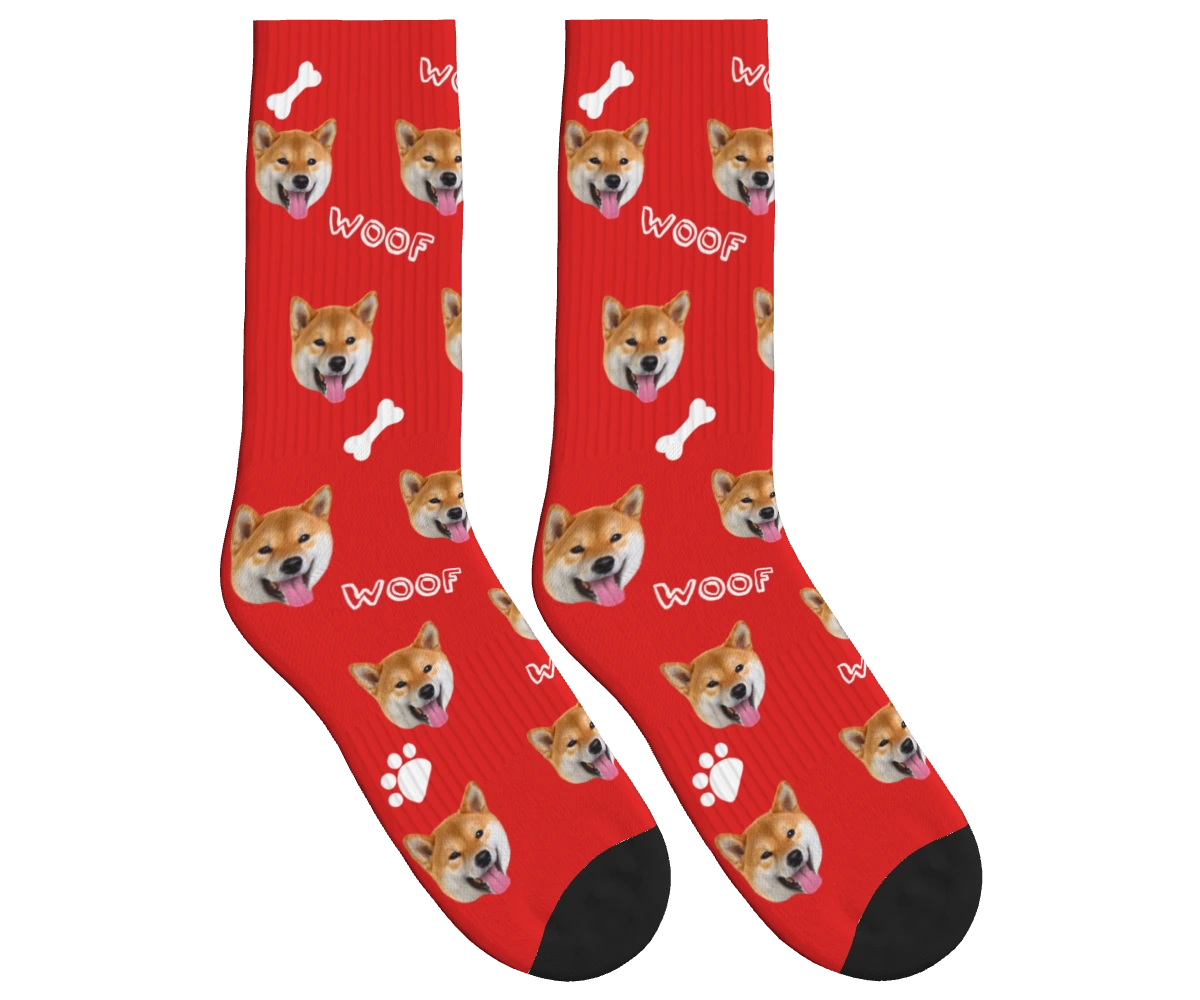 WOOF, Bones & Dog Face Socks in Red — personalized dog photo design