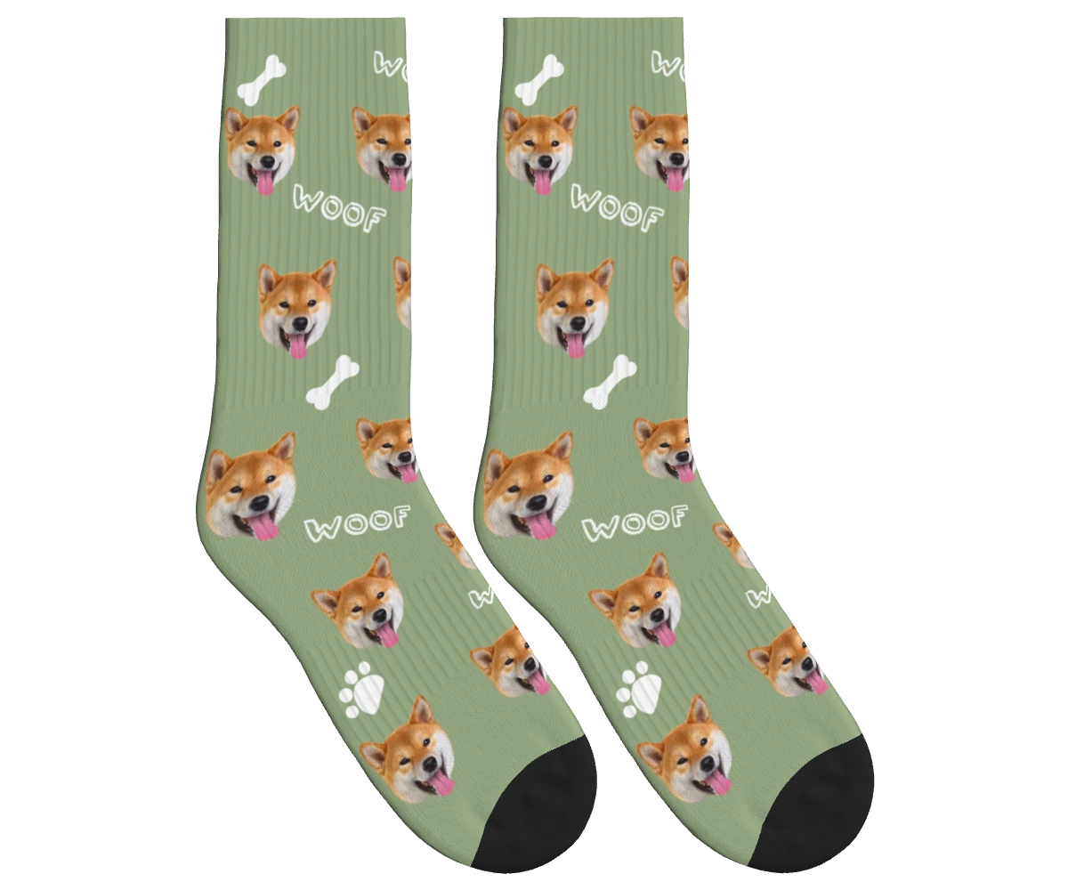 WOOF, Bones & Dog Face Socks in Sage Green — personalized dog photo design