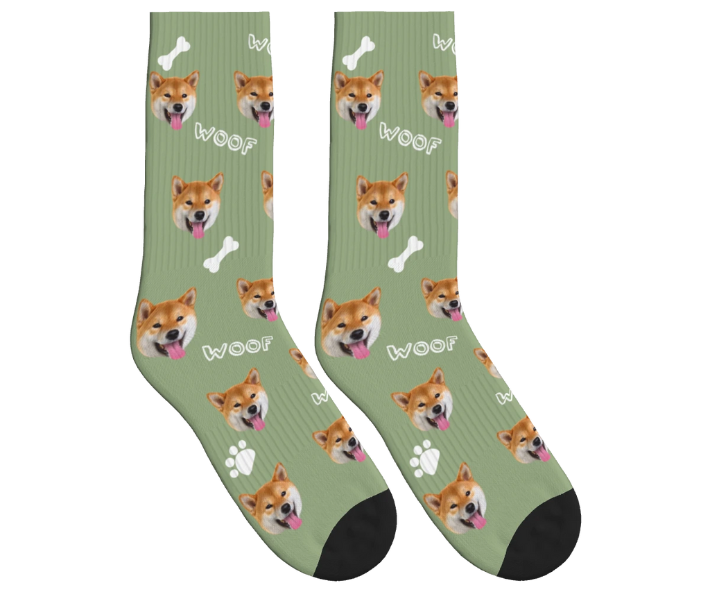 WOOF, Bones & Dog Face Socks in Sage Green — personalized dog photo design