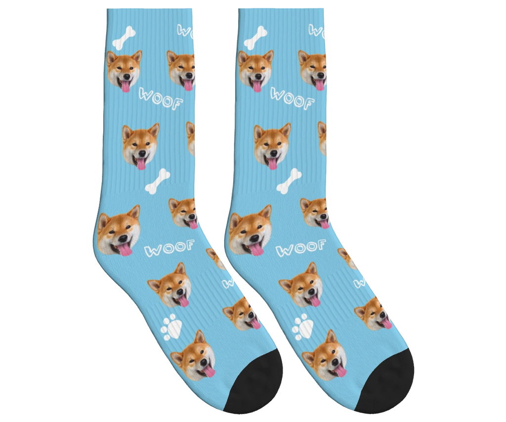 WOOF, Bones & Dog Face Socks in Sky Blue — personalized dog photo design