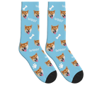 WOOF, Bones & Dog Face Socks in Sky Blue — personalized dog photo design