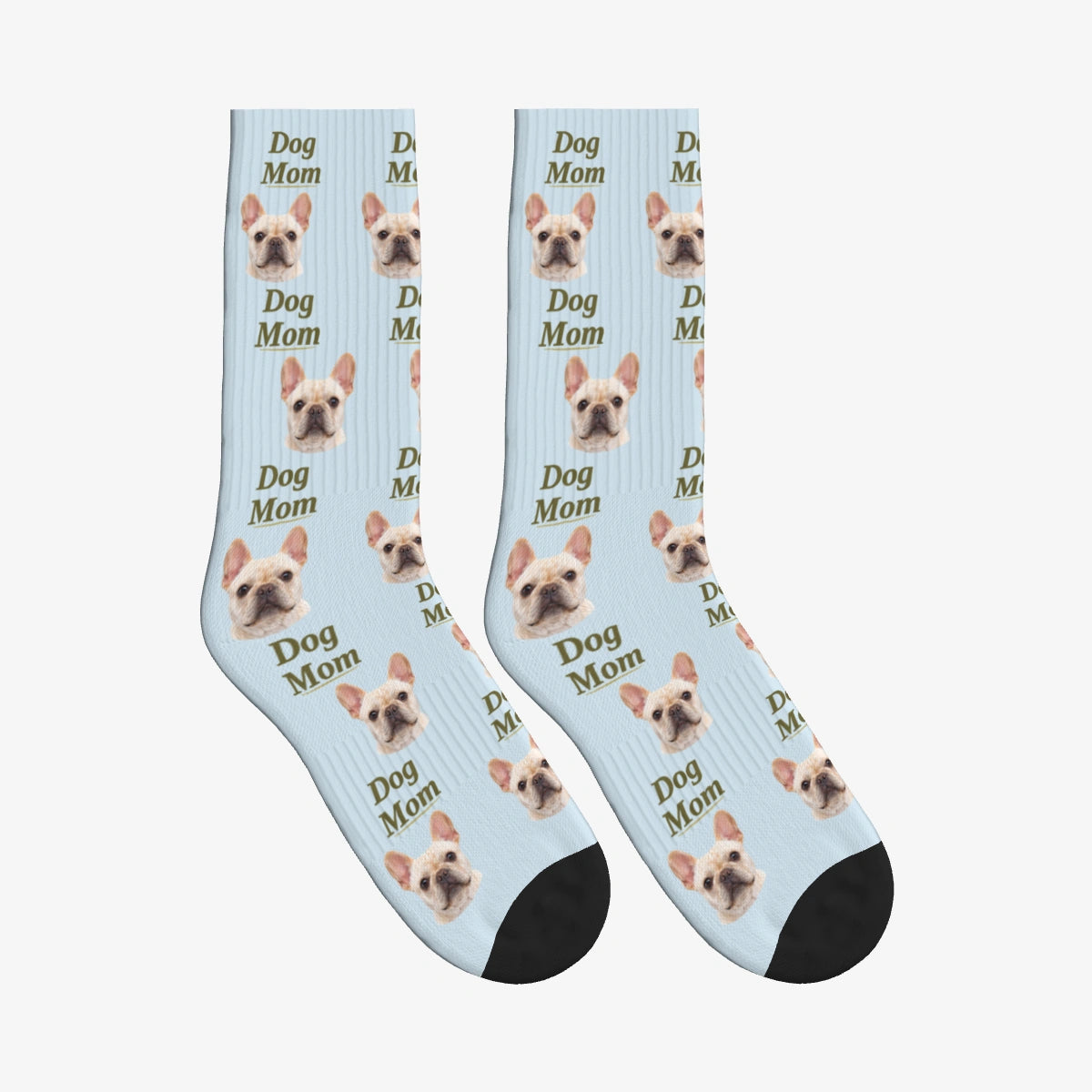 Dog Mom Dog Face Socks in Powder Blue with a custom dog photo