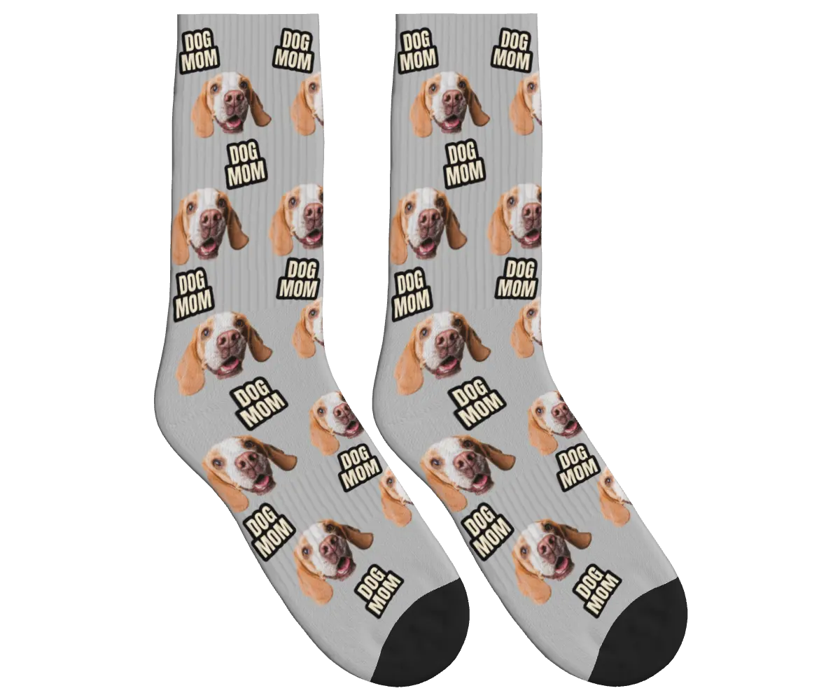 Dog Mom & Pup Face Socks - Light Gray / Crew Socks