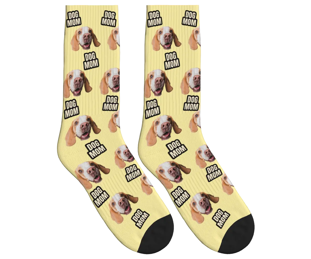 Dog Mom & Pup Face Socks - Pale Yellow / Crew Socks