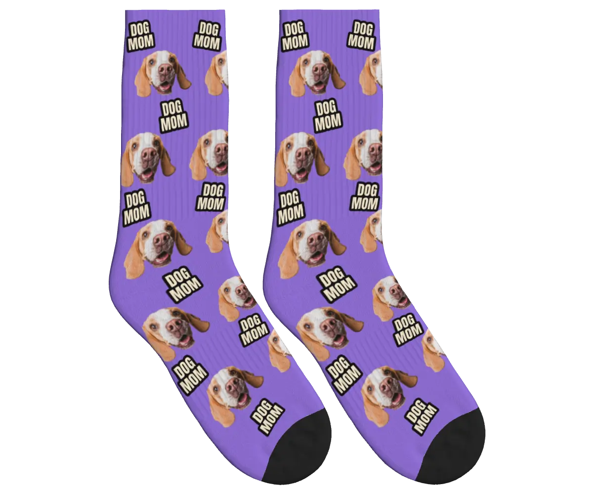 Dog Mom & Pup Face Socks - Purple / Crew Socks