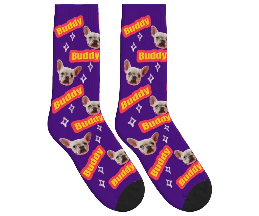 Dog Name & Face Socks - Deep Purple / Crew Socks