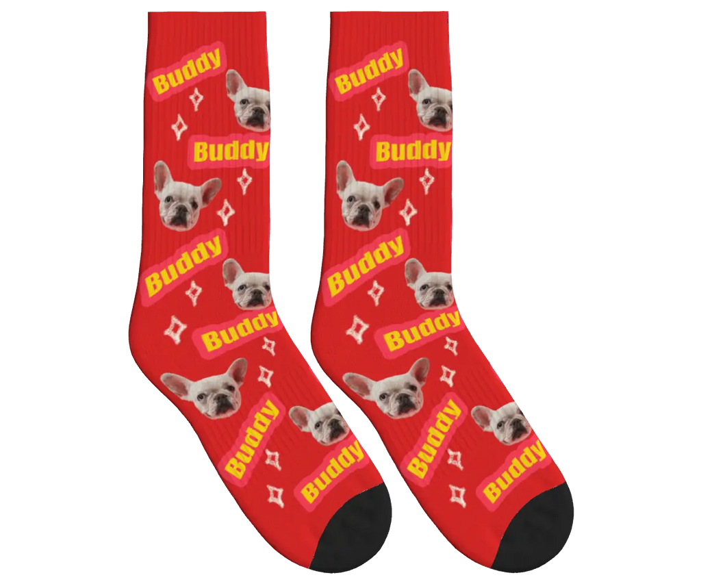 Dog Name & Face Socks - Red / Crew Socks