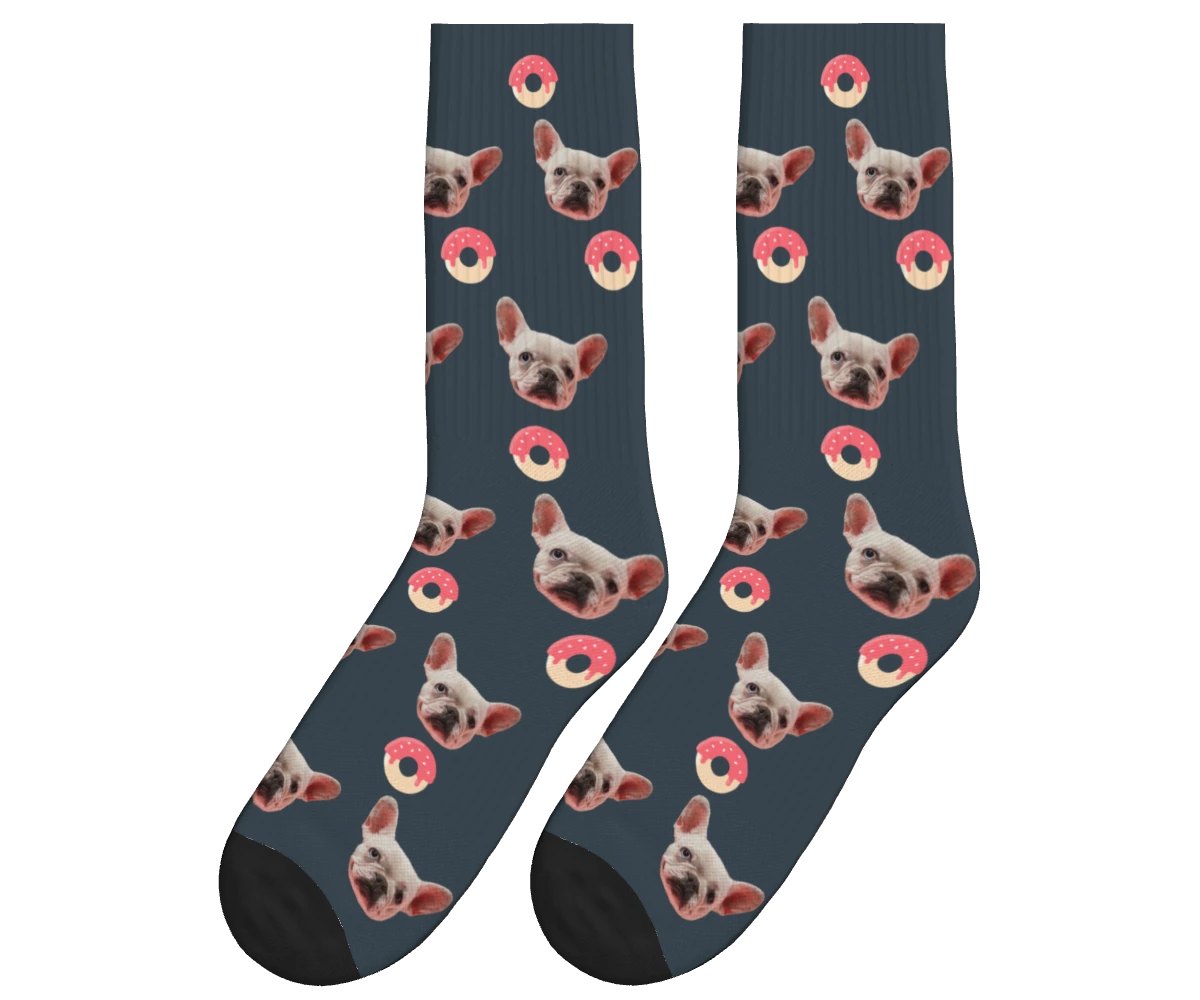 Donuts & Dog Face Socks in Charcoal Gray — personalized dog photo design