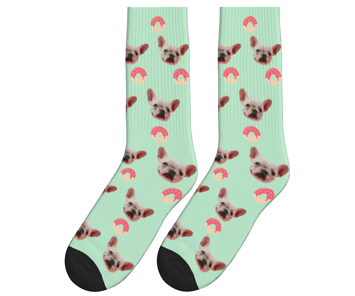 Donuts & Dog Face Socks in Mint Green — personalized dog photo design