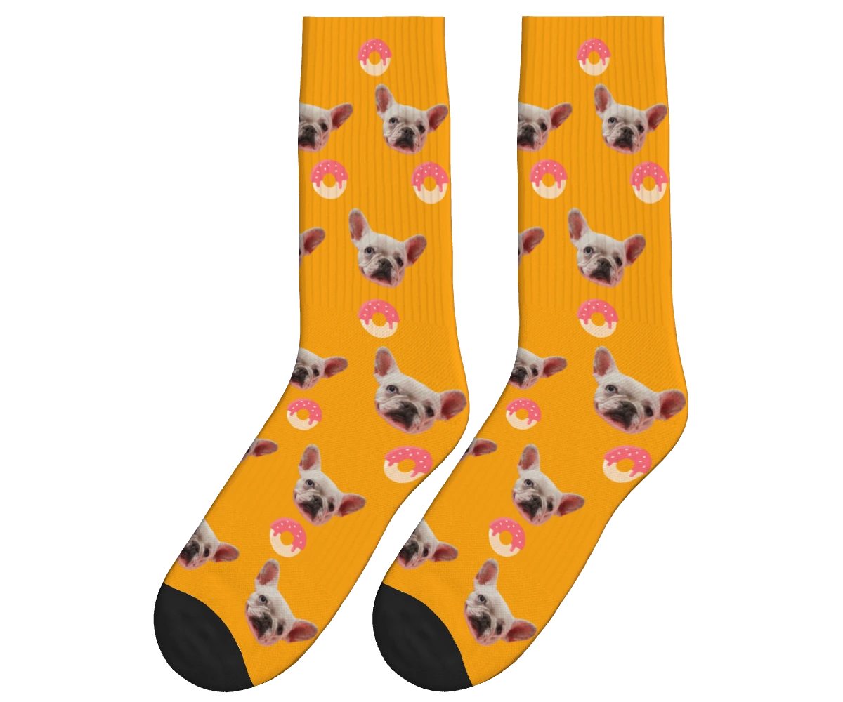 Donuts & Dog Face Socks in Orange — personalized dog photo design