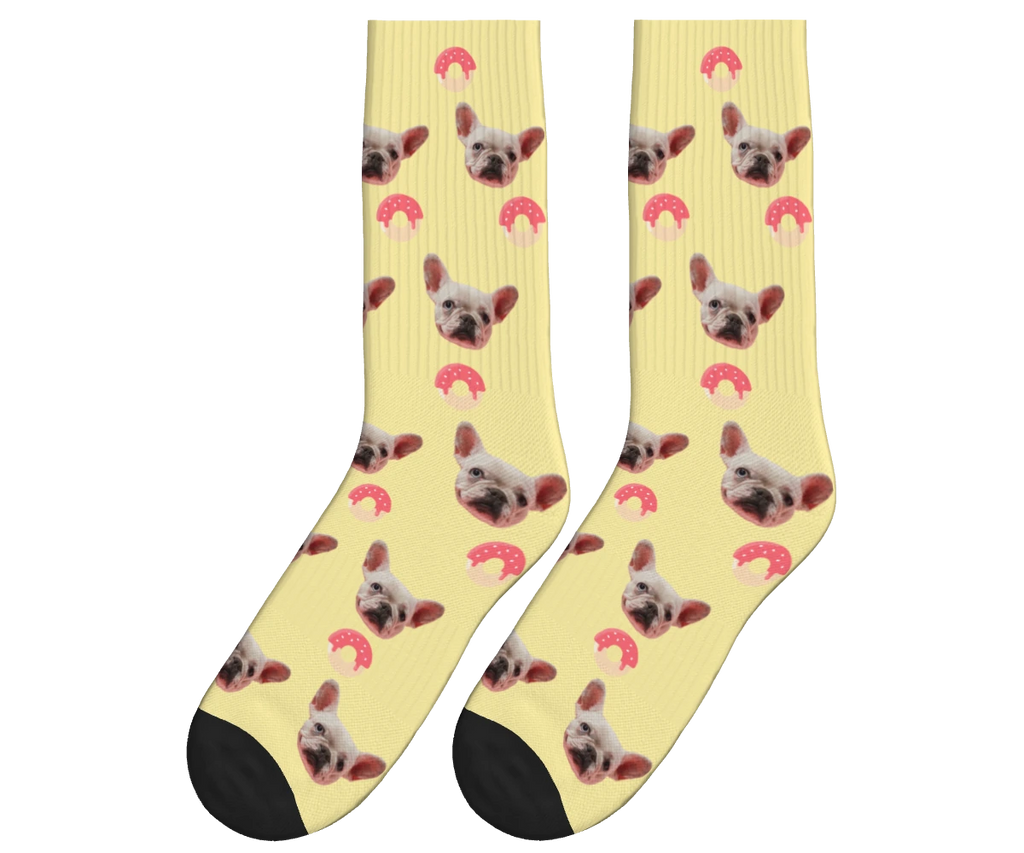 Donuts & Dog Face Socks in Pale Yellow — personalized dog photo design