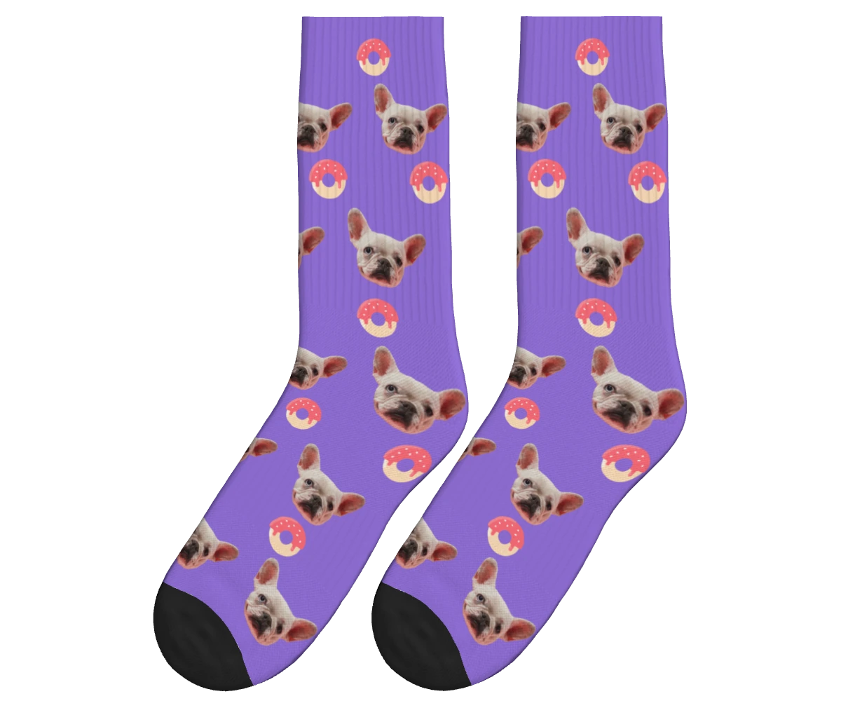 Donuts & Dog Face Socks in Purple — personalized dog photo design