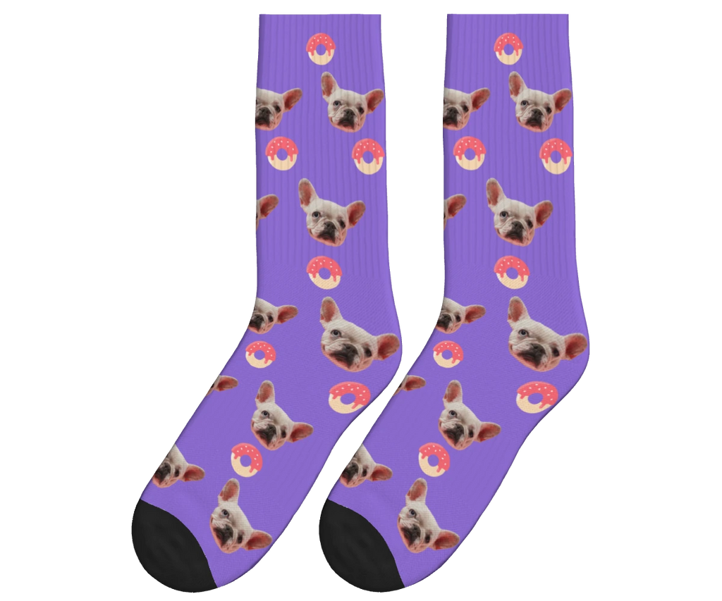 Donuts & Dog Face Socks in Purple — personalized dog photo design