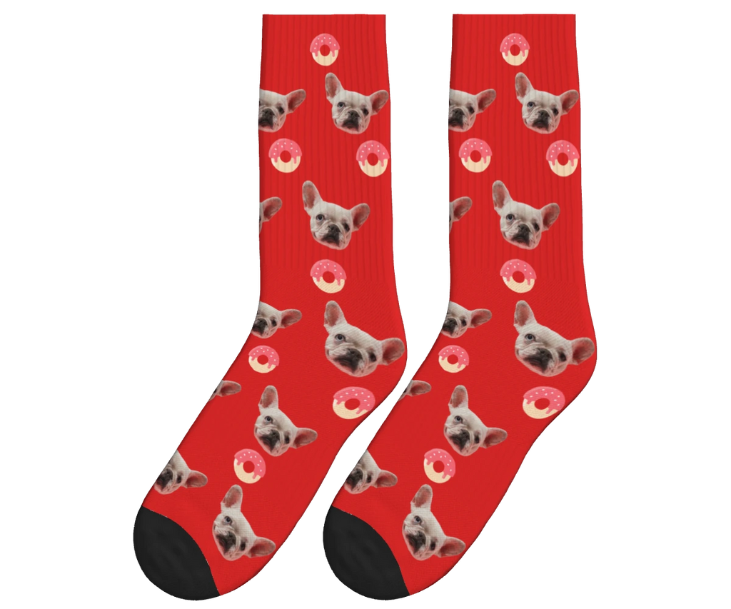 Donuts & Dog Face Socks in Red — personalized dog photo design