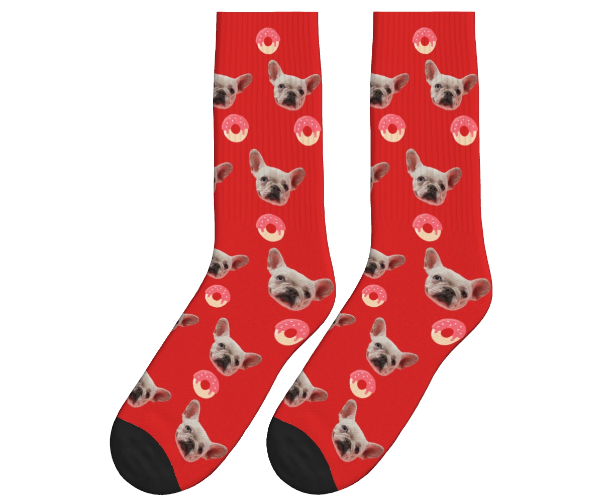 Donuts & Dog Face Socks in Red — personalized dog photo design