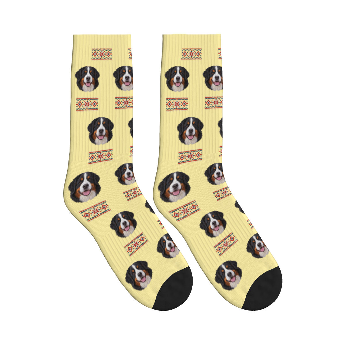 Fair Isle Dog Face Socks in Pale Yellow with a custom dog photo
