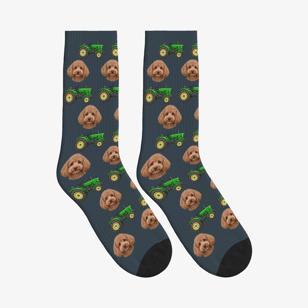 Farm Tractor Dog Face Socks in Charcoal Gray with a custom dog photo