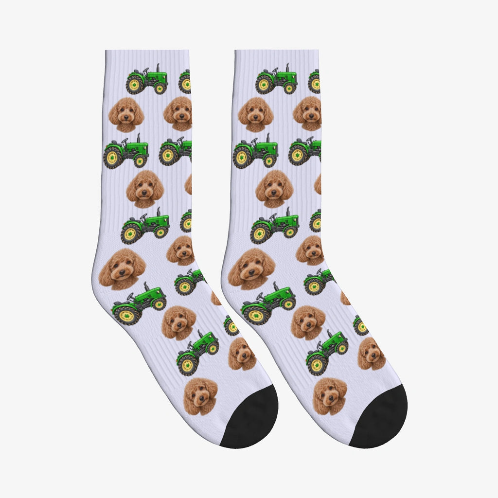 Farm Tractor Dog Face Socks in Lavender with a custom dog photo