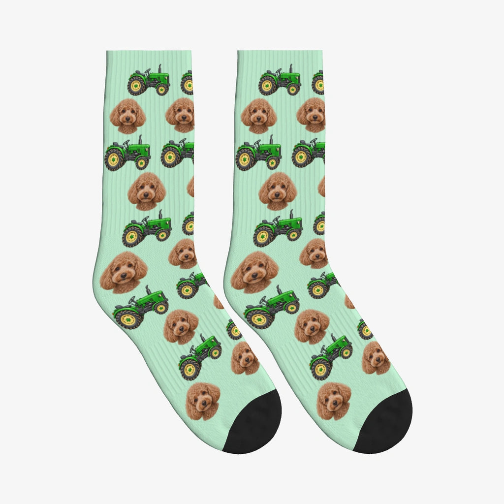 Farm Tractor Dog Face Socks in Mint Green with a custom dog photo
